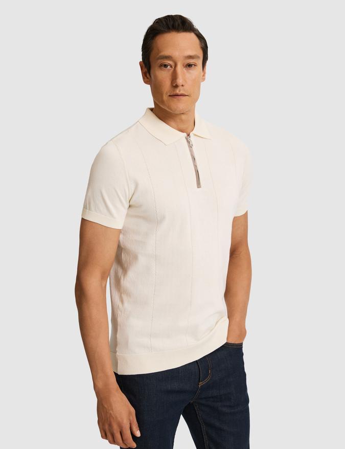 Ekru Slim Fit Fermuarlı Polo Yaka Saf Pamuk Triko T-shirt
