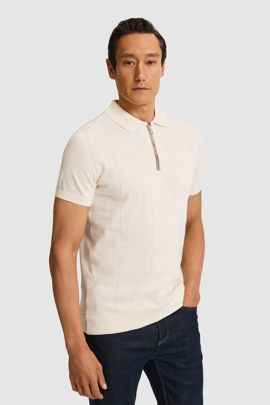 Ekru Slim Fit Fermuarlı Polo Yaka Saf Pamuk Triko T-shirt - 50324006010