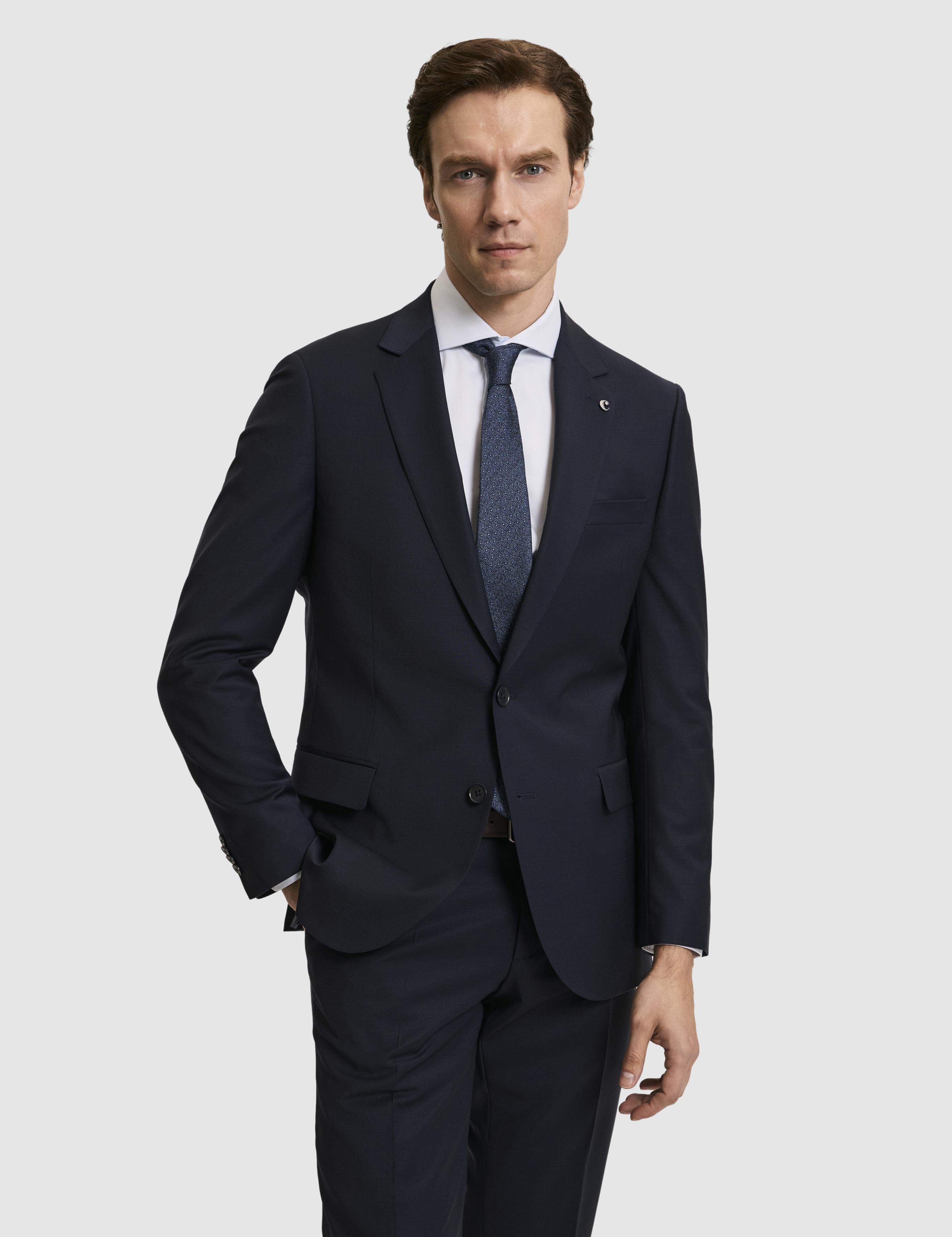 Lacivert Slim Fit Mono Yaka Yün Karışımlı Takım Elbise - 50327895011