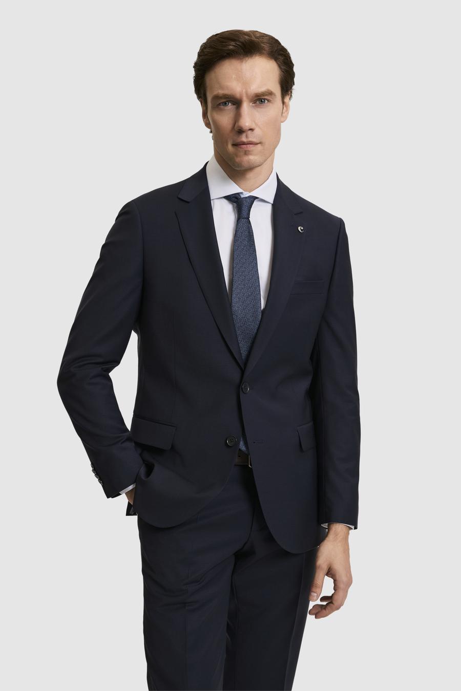 Lacivert Slim Fit Mono Yaka Yün Karışımlı Takım Elbise - 50327895011