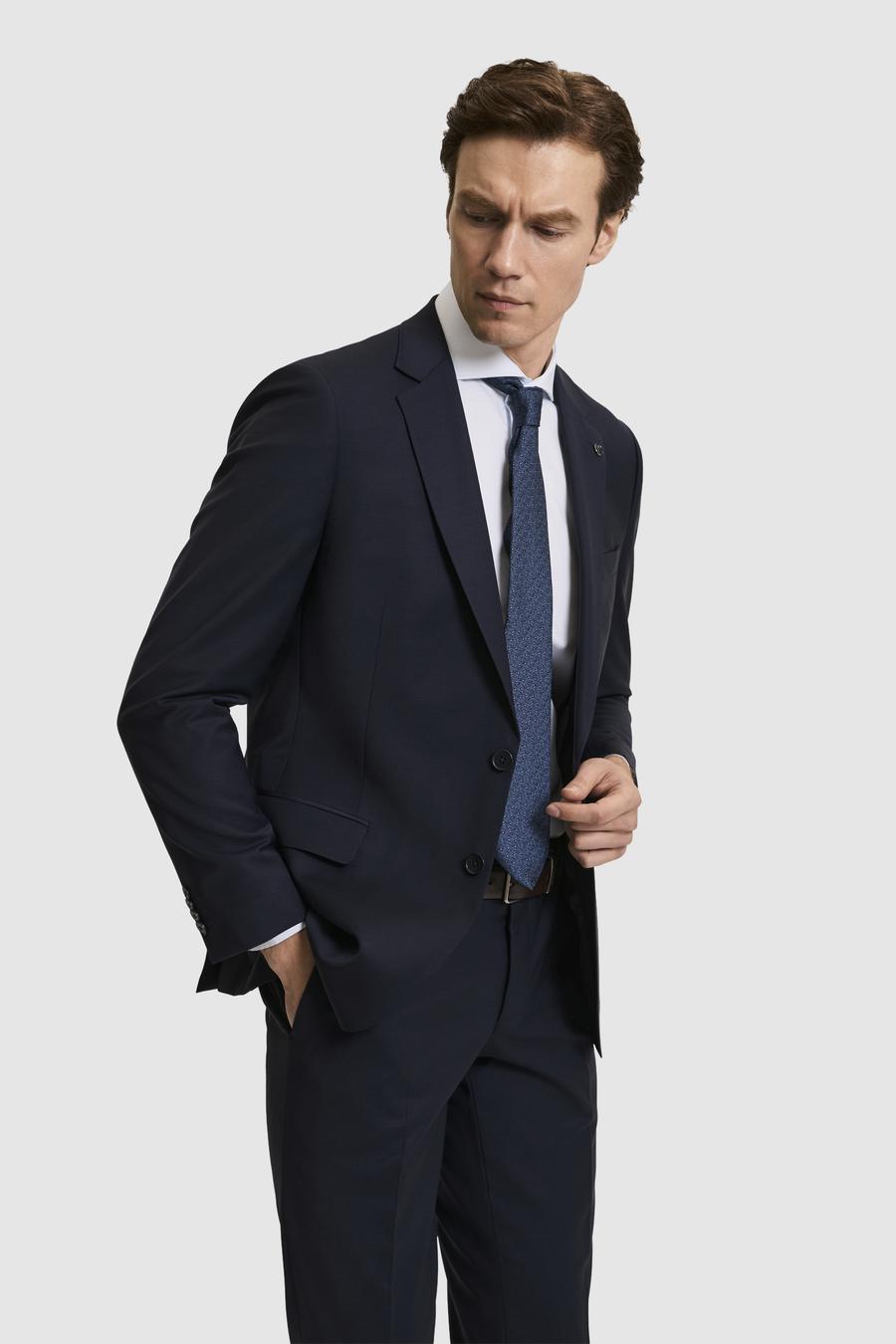 Lacivert Slim Fit Mono Yaka Yün Karışımlı Takım Elbise - 50327895011