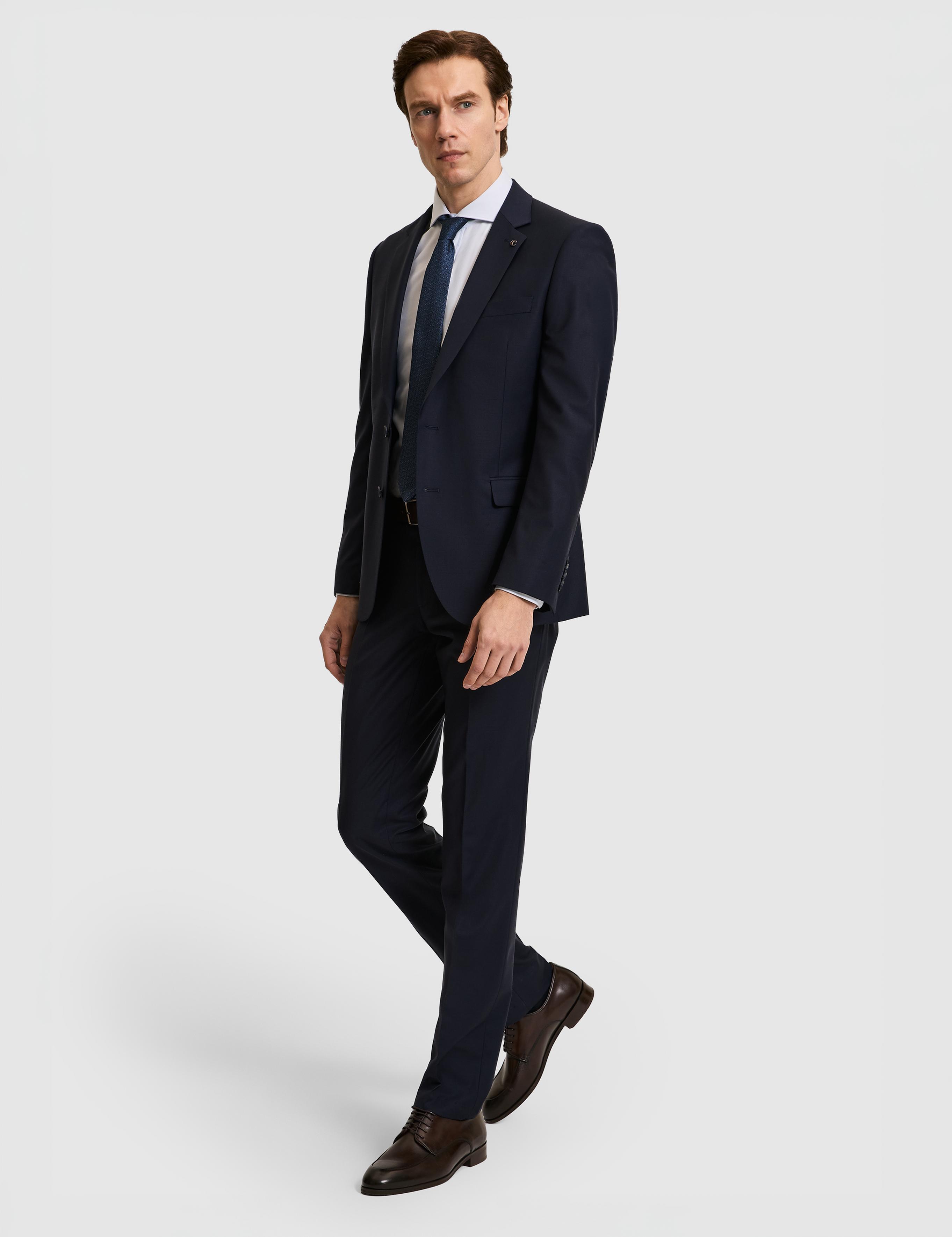 Lacivert Slim Fit Mono Yaka Yün Karışımlı Takım Elbise - 50327895011