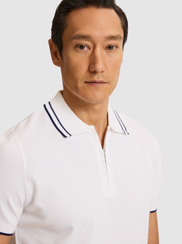 Beyaz Slim Fit Fermuarlı Polo Yaka Triko T-shirt