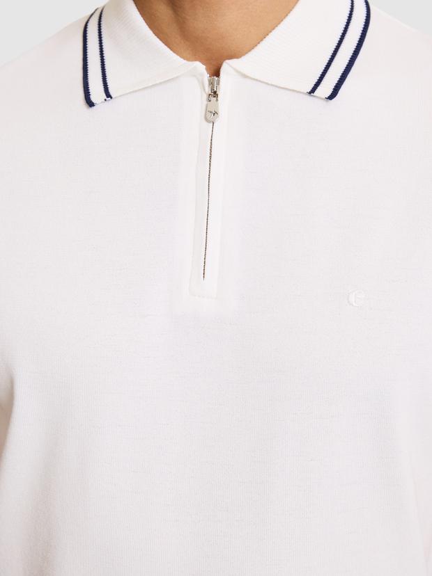 Beyaz Slim Fit Fermuarlı Polo Yaka Triko T-shirt