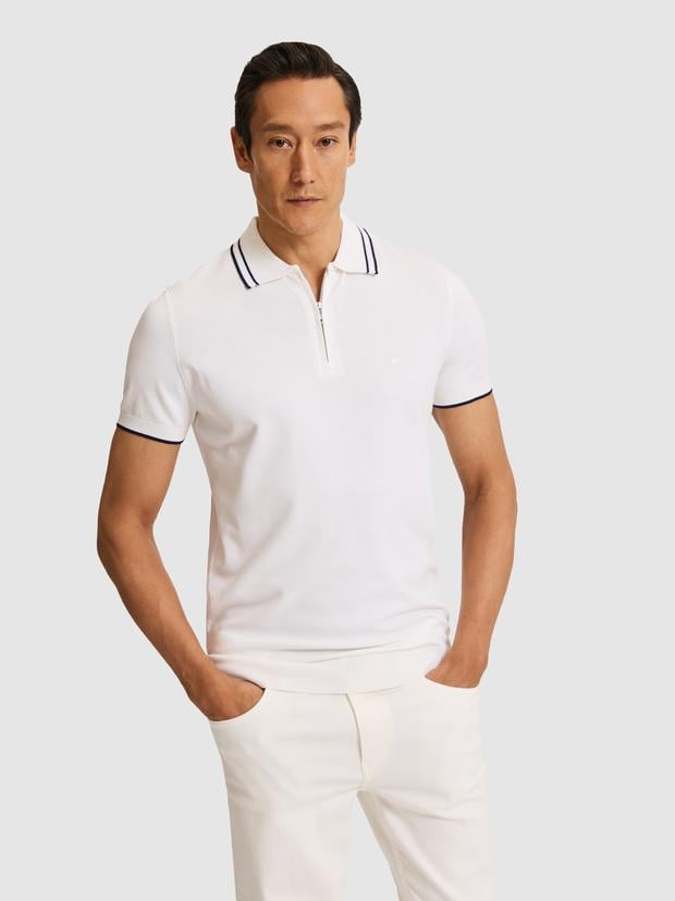 Beyaz Slim Fit Fermuarlı Polo Yaka Triko T-shirt