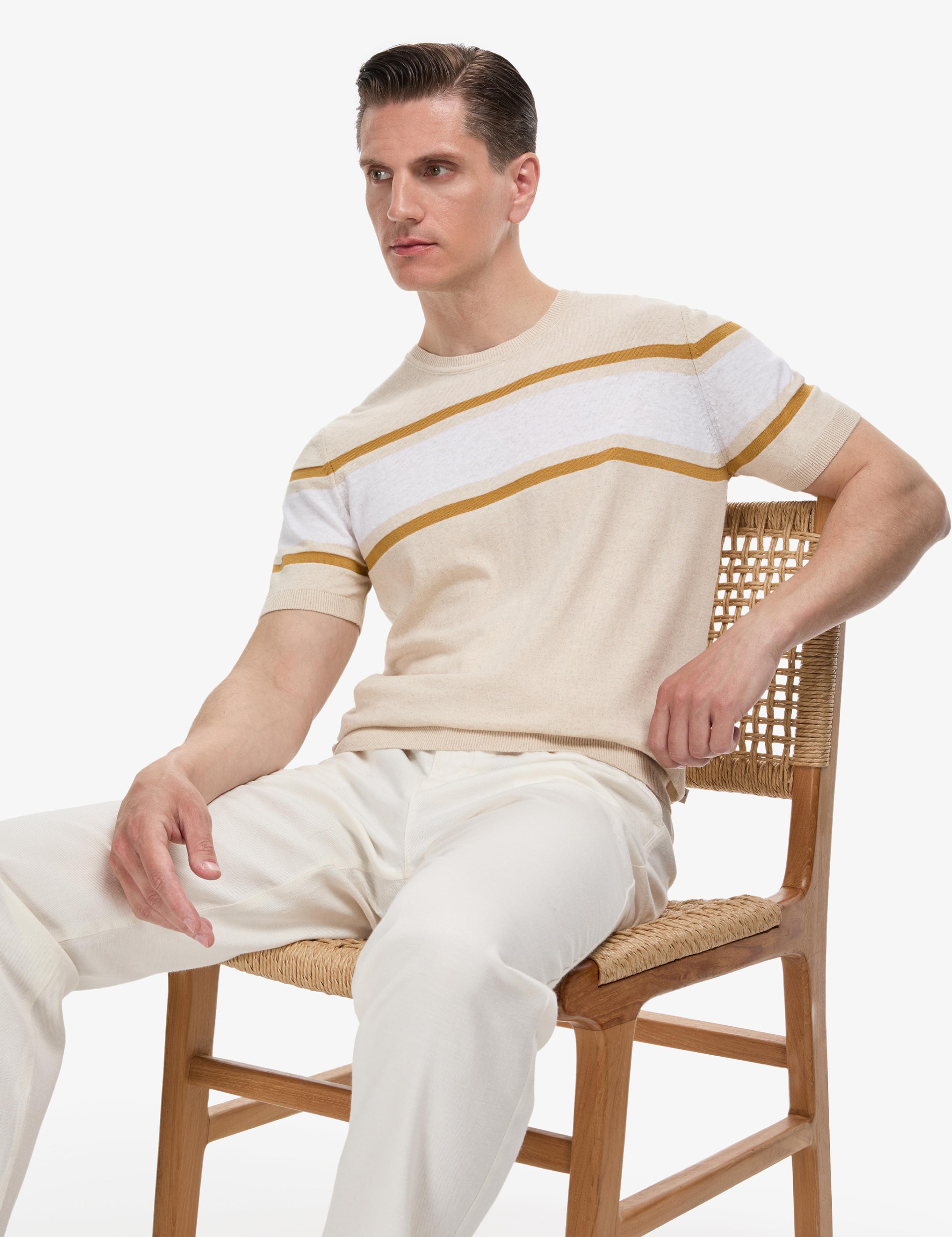 Bej Slim Fit Bisiklet Yaka Keten Karışımlı Triko T-shirt - 50320579008