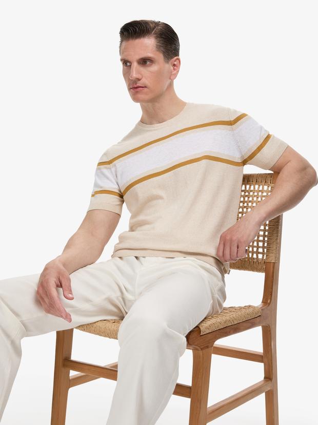Bej Slim Fit Bisiklet Yaka Keten Karışımlı Triko T-shirt