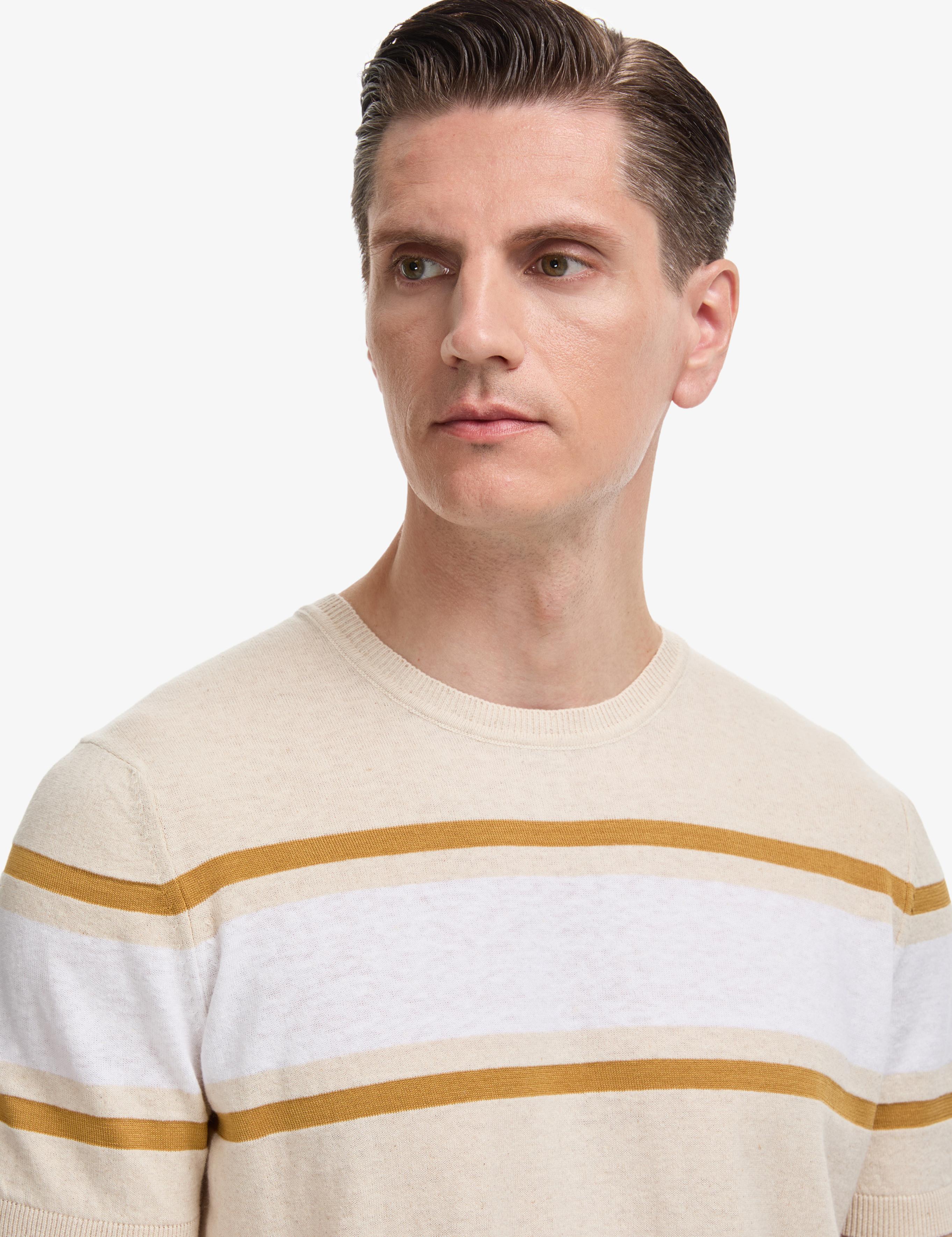 Bej Slim Fit Bisiklet Yaka Keten Karışımlı Triko T-shirt - 50320579008