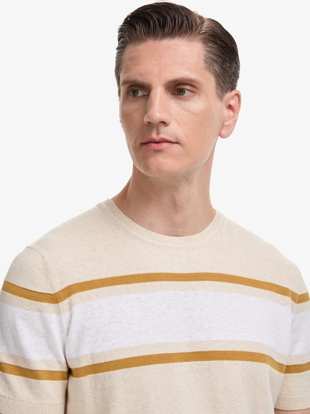 Bej Slim Fit Bisiklet Yaka Keten Karışımlı Triko T-shirt