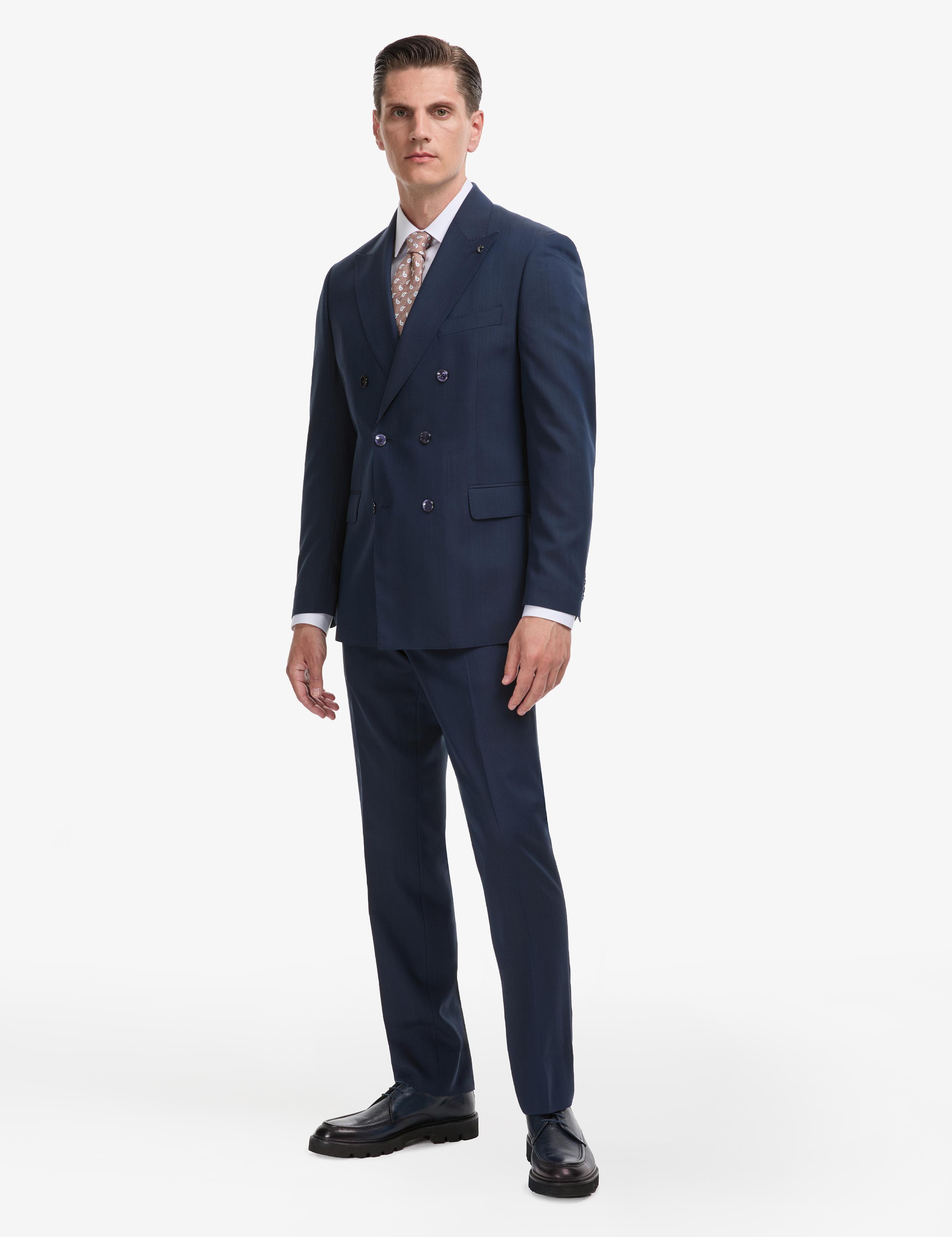 Lacivert Slim Fit Yün İpek Karışımlı Kırlangıç Yaka Kruvaze Takım Elbise - 50319130017