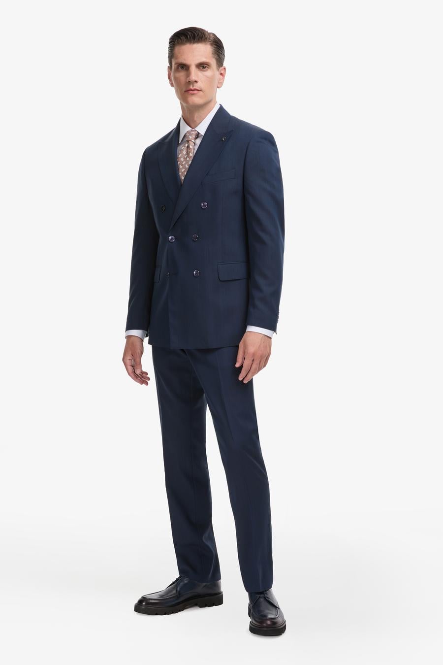 Lacivert Slim Fit Yün İpek Karışımlı Kırlangıç Yaka Kruvaze Takım Elbise - 50319130017