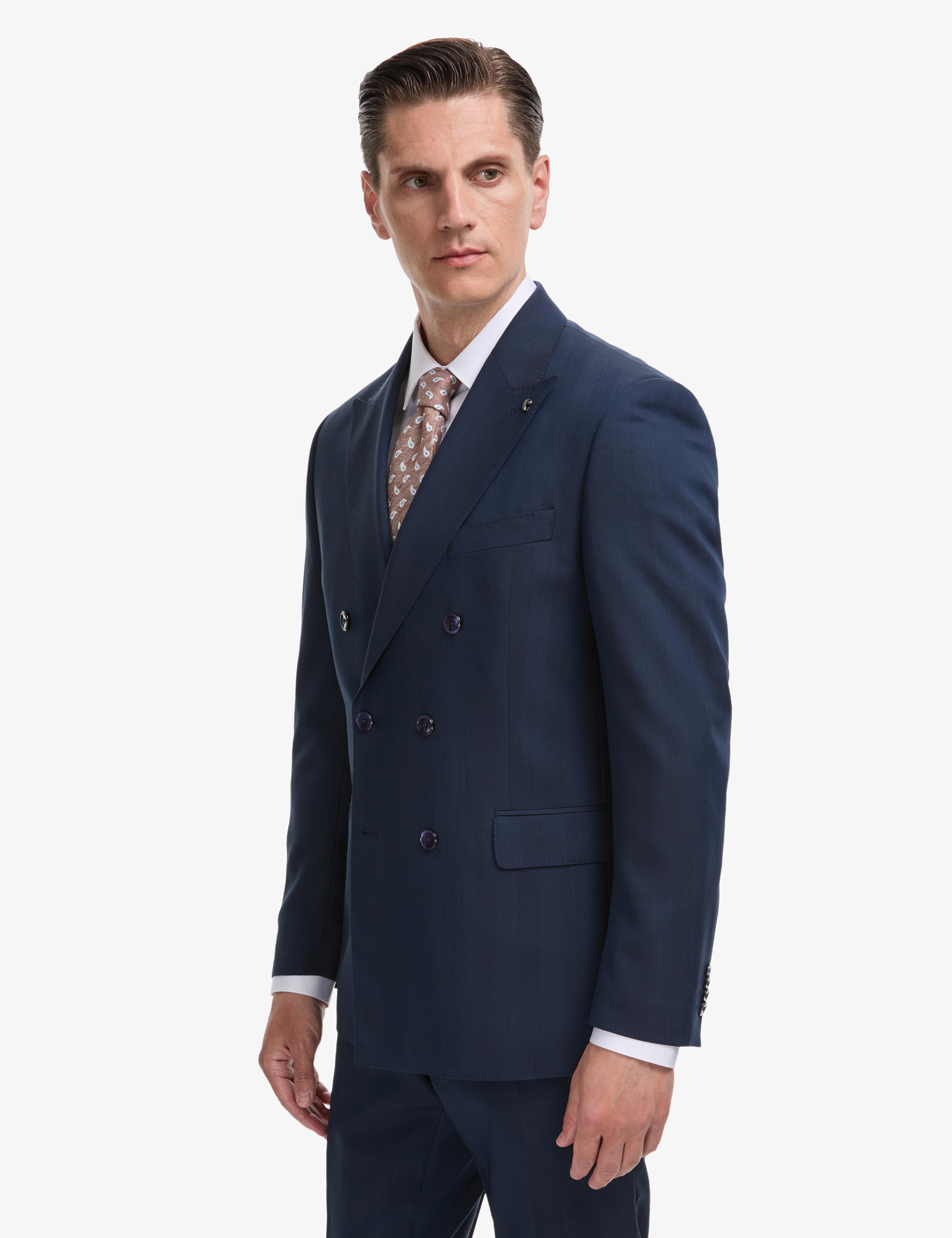 Lacivert Slim Fit Yün İpek Karışımlı Kırlangıç Yaka Kruvaze Takım Elbise - 50319130017