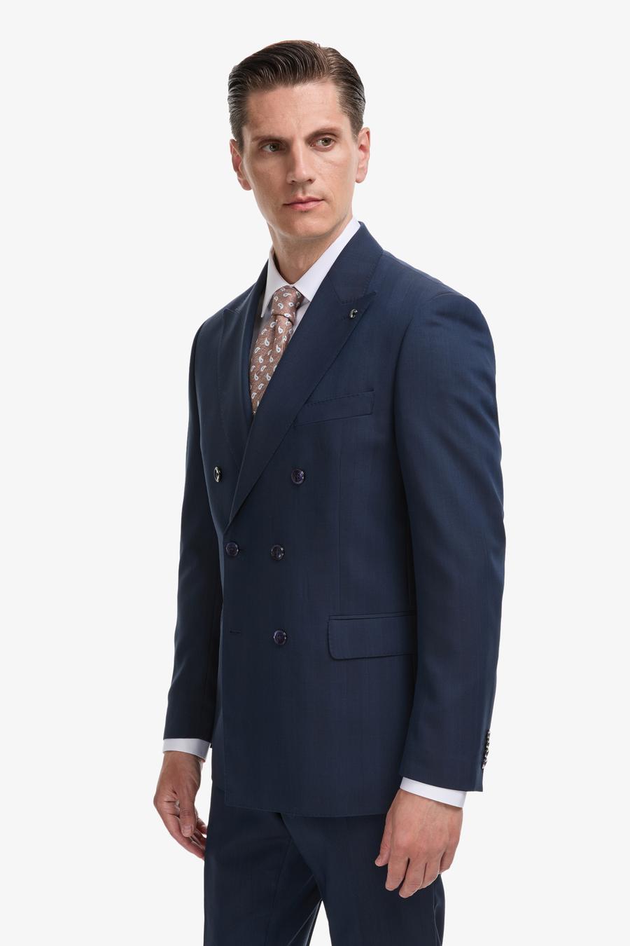 Lacivert Slim Fit Yün İpek Karışımlı Kırlangıç Yaka Kruvaze Takım Elbise - 50319130017