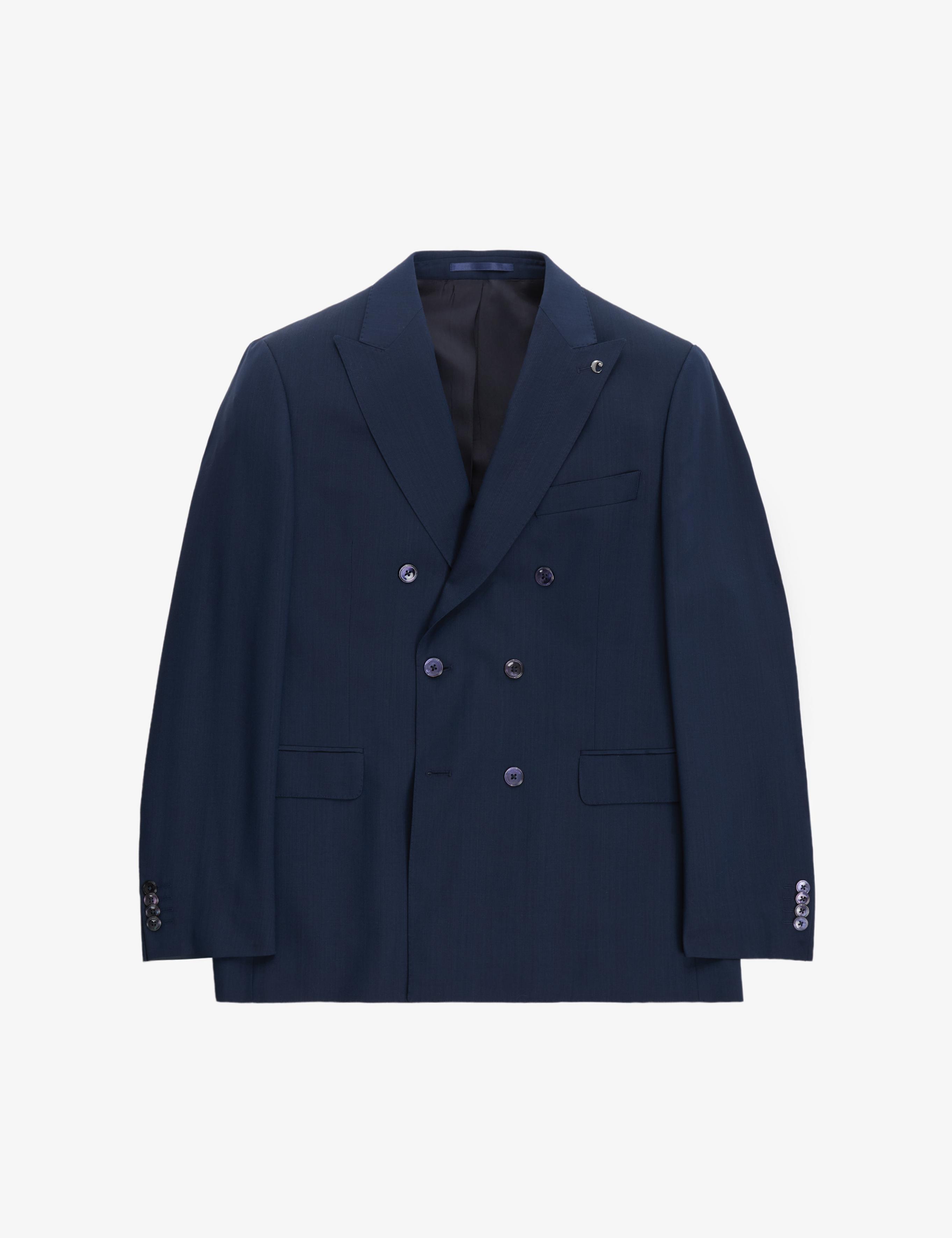 Lacivert Slim Fit Yün İpek Karışımlı Kırlangıç Yaka Kruvaze Takım Elbise - 50319130017