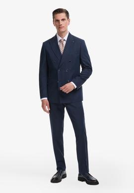 Lacivert Slim Fit Yün İpek Karışımlı Kırlangıç Yaka Kruvaze Takım Elbise