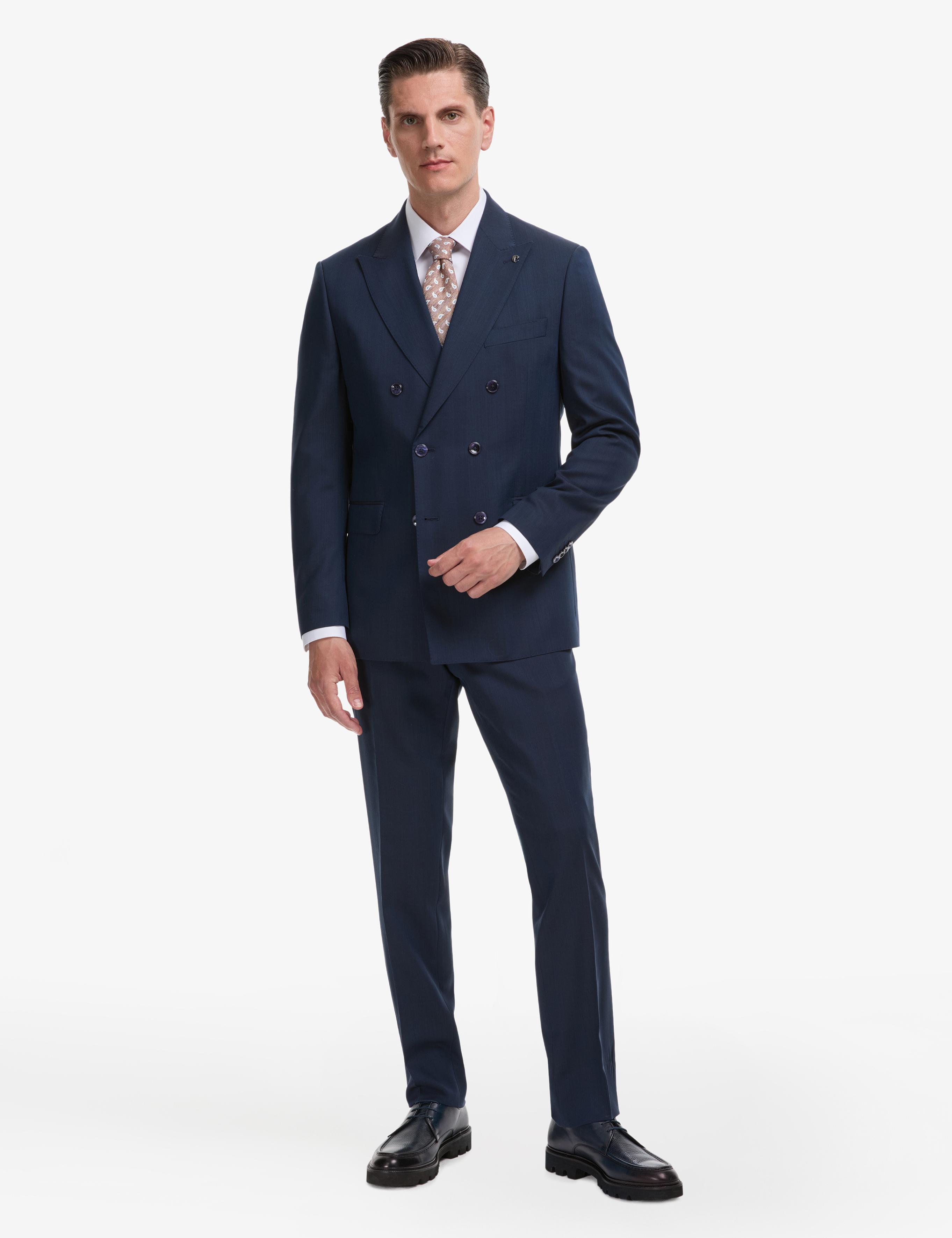 Lacivert Slim Fit Yün İpek Karışımlı Kırlangıç Yaka Kruvaze Takım Elbise - 50319130017