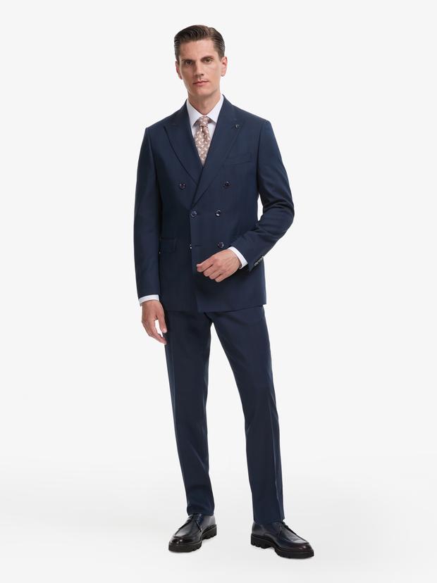 Lacivert Slim Fit Yün İpek Karışımlı Kırlangıç Yaka Kruvaze Takım Elbise
