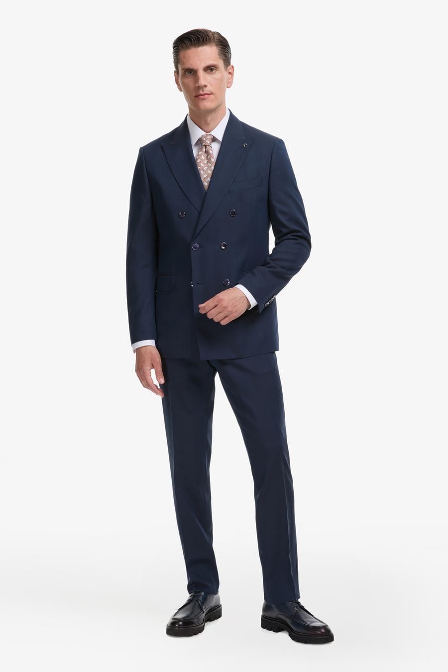 Lacivert Slim Fit Yün İpek Karışımlı Kırlangıç Yaka Kruvaze Takım Elbise - 50319130017