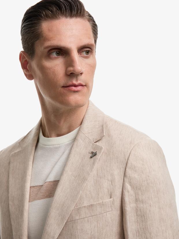 Bej Slim Fit Mono Yaka Keten Karışımlı Takım Elbise