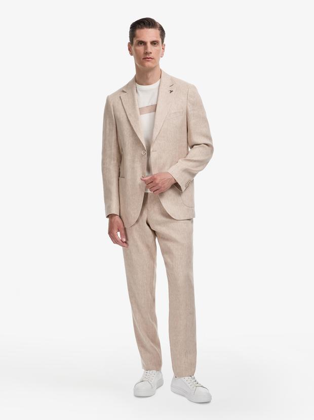 Bej Slim Fit Mono Yaka Keten Karışımlı Takım Elbise