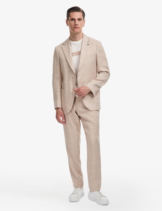 Bej Slim Fit Mono Yaka Keten Karışımlı Takım Elbise