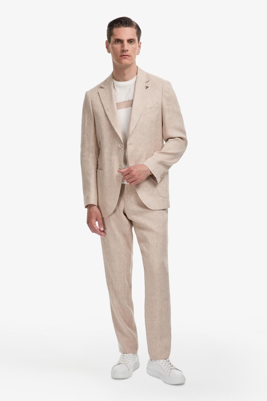 Bej Slim Fit Mono Yaka Keten Karışımlı Takım Elbise - 50324837014