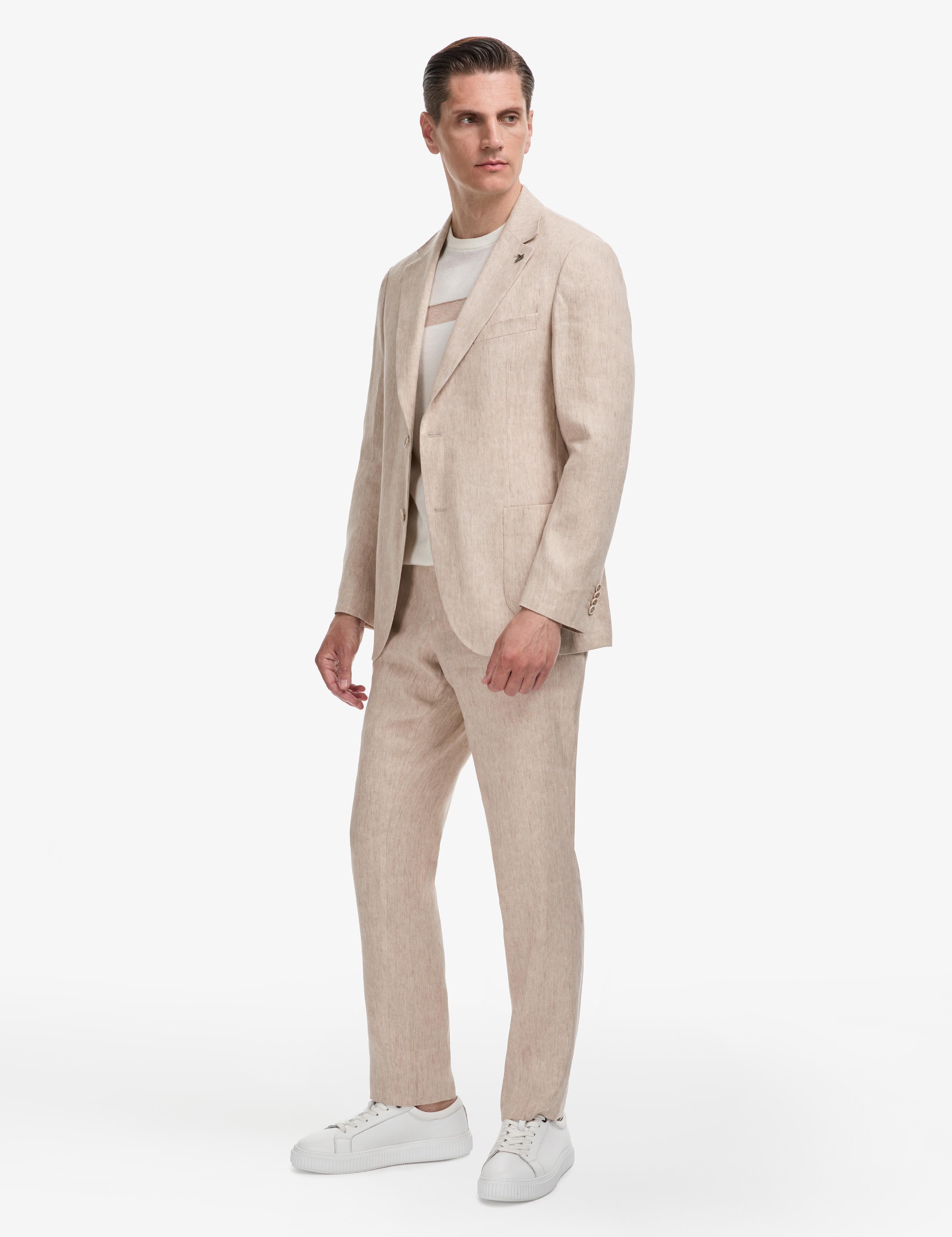 Bej Slim Fit Mono Yaka Keten Karışımlı Takım Elbise - 50324837014