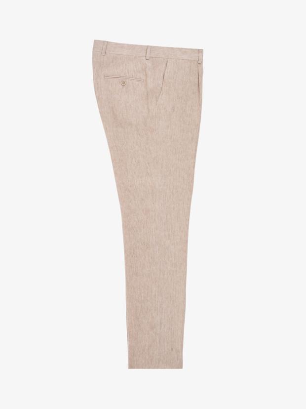 Bej Slim Fit Mono Yaka Keten Karışımlı Takım Elbise