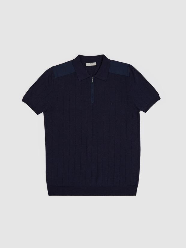 Lacivert Slim Fit Keten Karışımlı Polo Yaka Triko T-Shirt