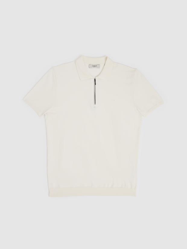 Beyaz Slim Fit Fermuarlı Polo Yaka Triko T-shirt
