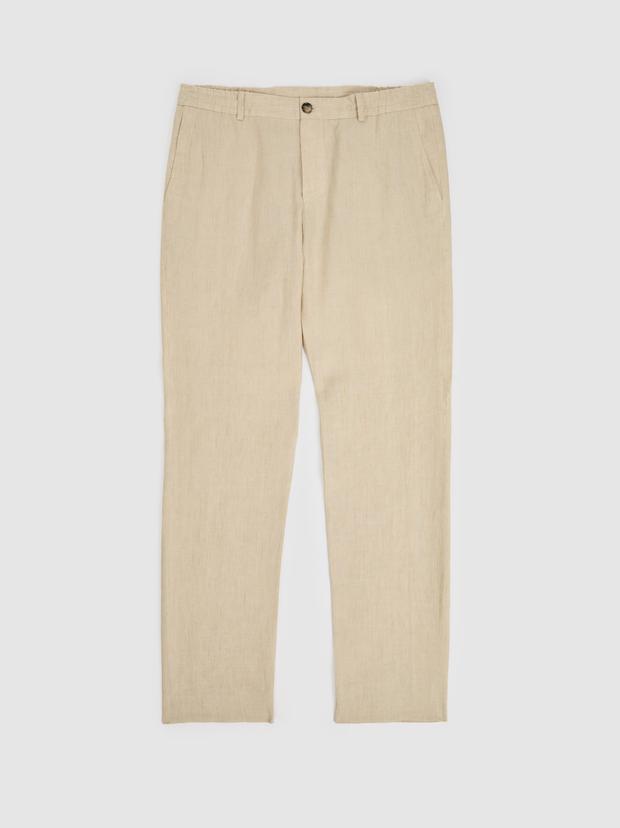 Bej Slim Fit Beli Lastikli %100 Keten Pantolon