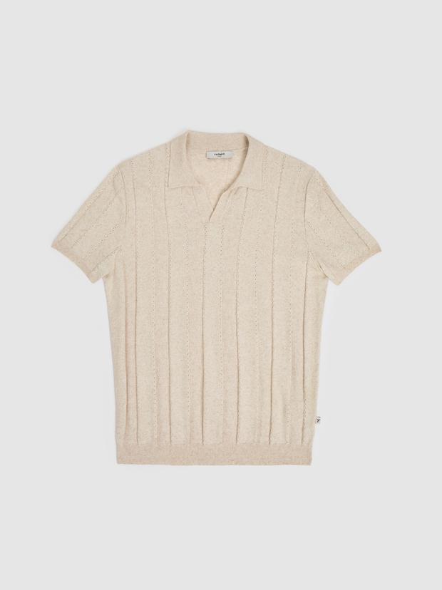 Bej Regular Fit Keten Karışımlı Apaş Yaka Triko T-shirt