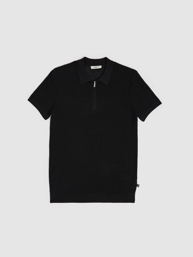 Siyah Slim Fit Fermuarlı Polo Yaka Triko T-shirt