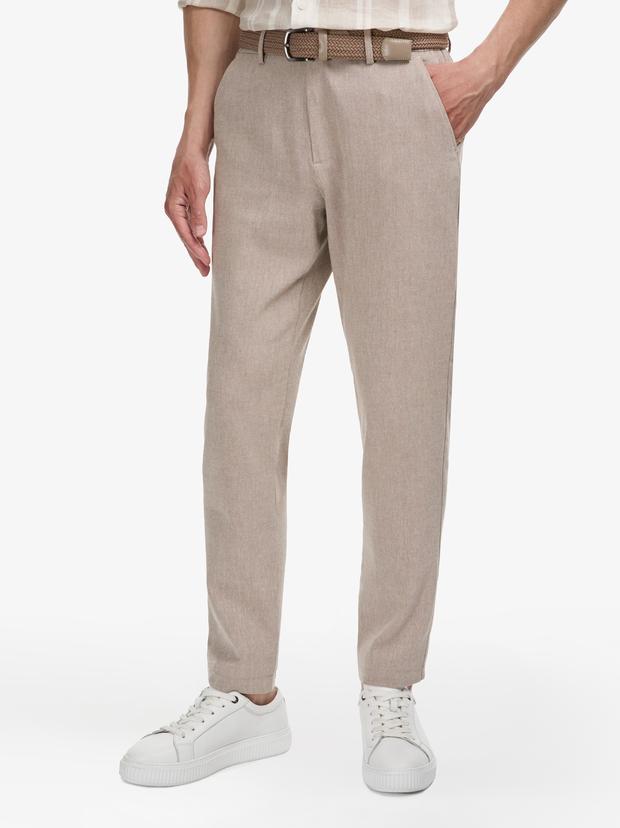 Bej Tapered Fit Beli Lastikli Keten Karışımlı Kanvas Pantolon