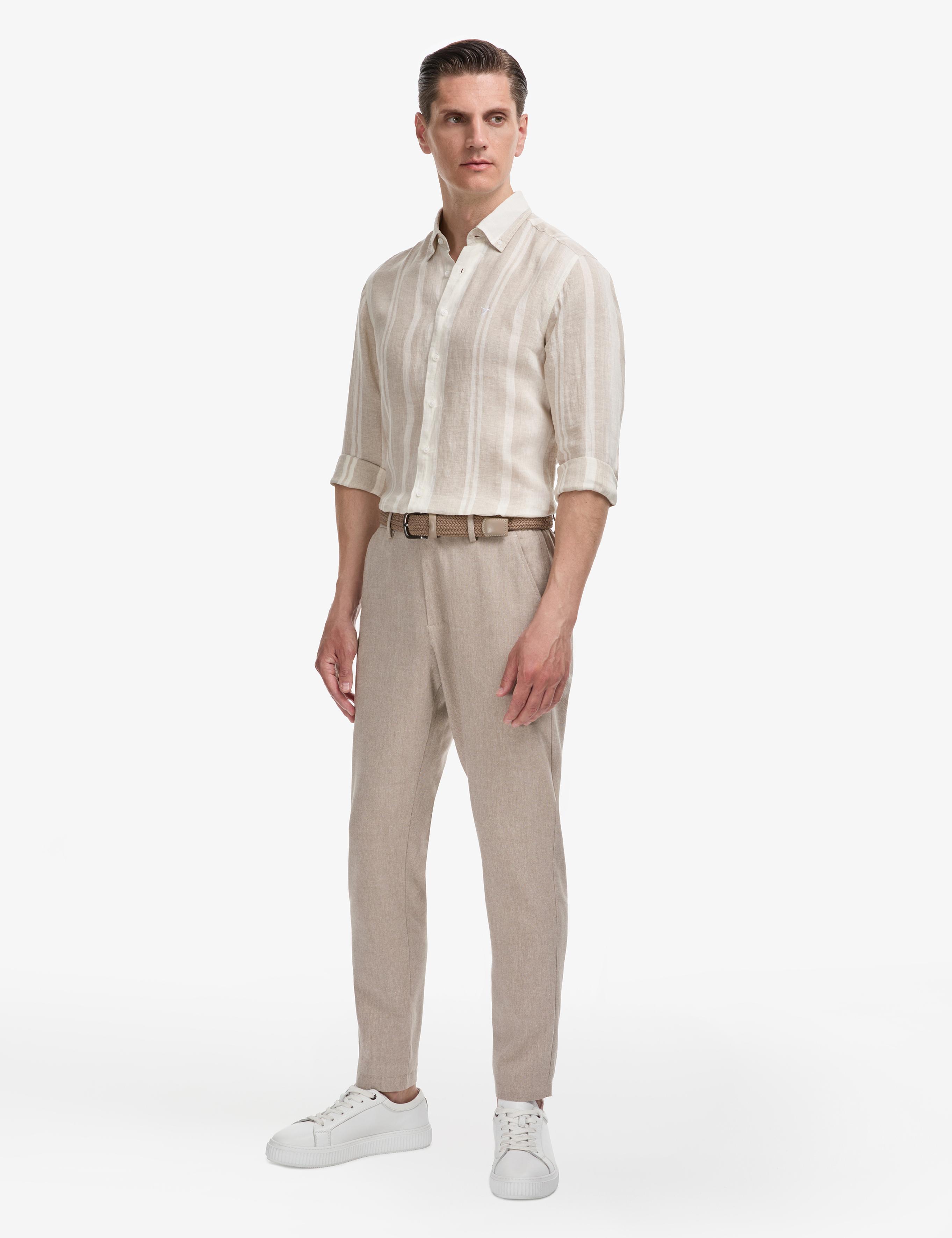 Bej Tapered Fit Beli Lastikli Keten Karışımlı Kanvas Pantolon - 50324280018