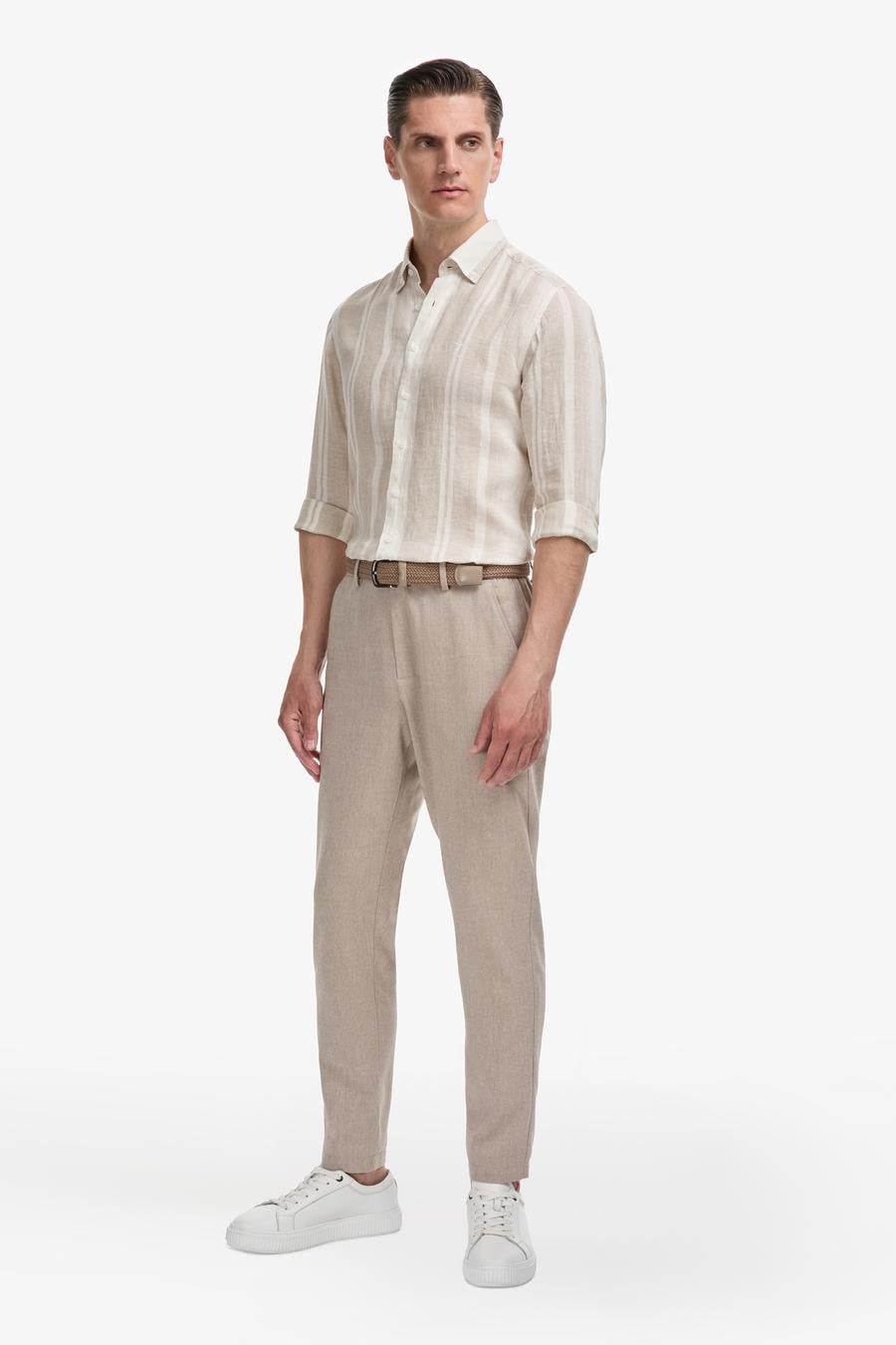 Bej Tapered Fit Beli Lastikli Keten Karışımlı Kanvas Pantolon - 50324280018