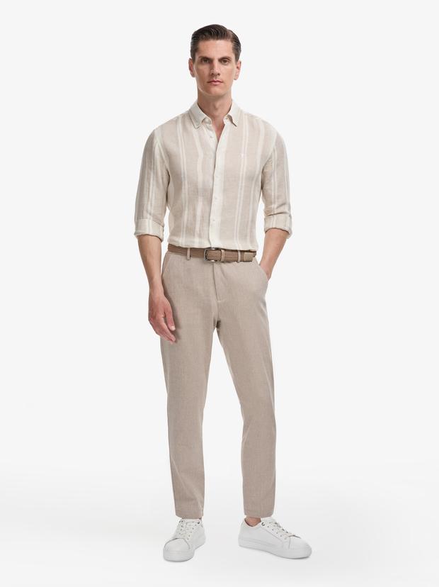 Bej Tapered Fit Beli Lastikli Keten Karışımlı Kanvas Pantolon