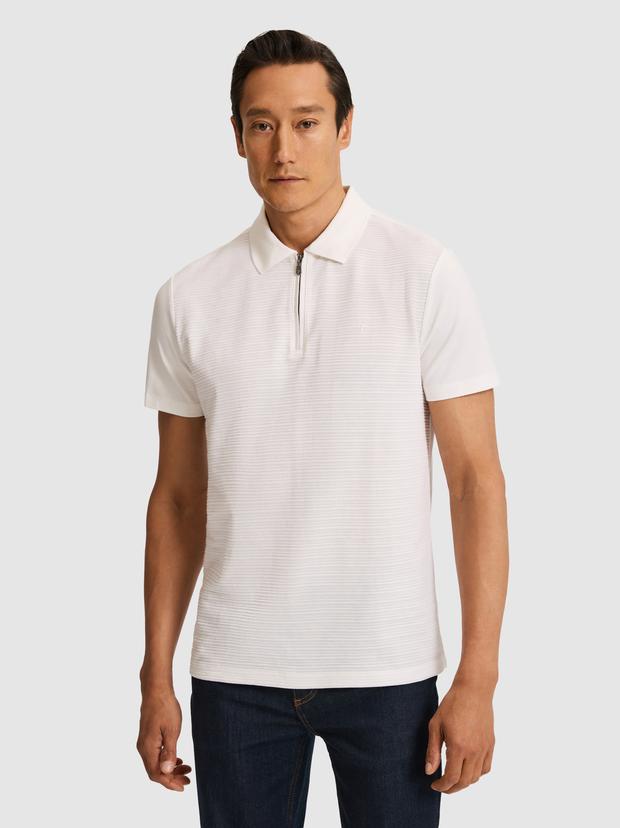Ekru Slim Fit Saf Pamuk Fermuarlı Polo Yaka T-shirt