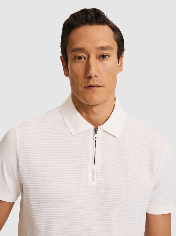 Ekru Slim Fit Saf Pamuk Fermuarlı Polo Yaka T-shirt