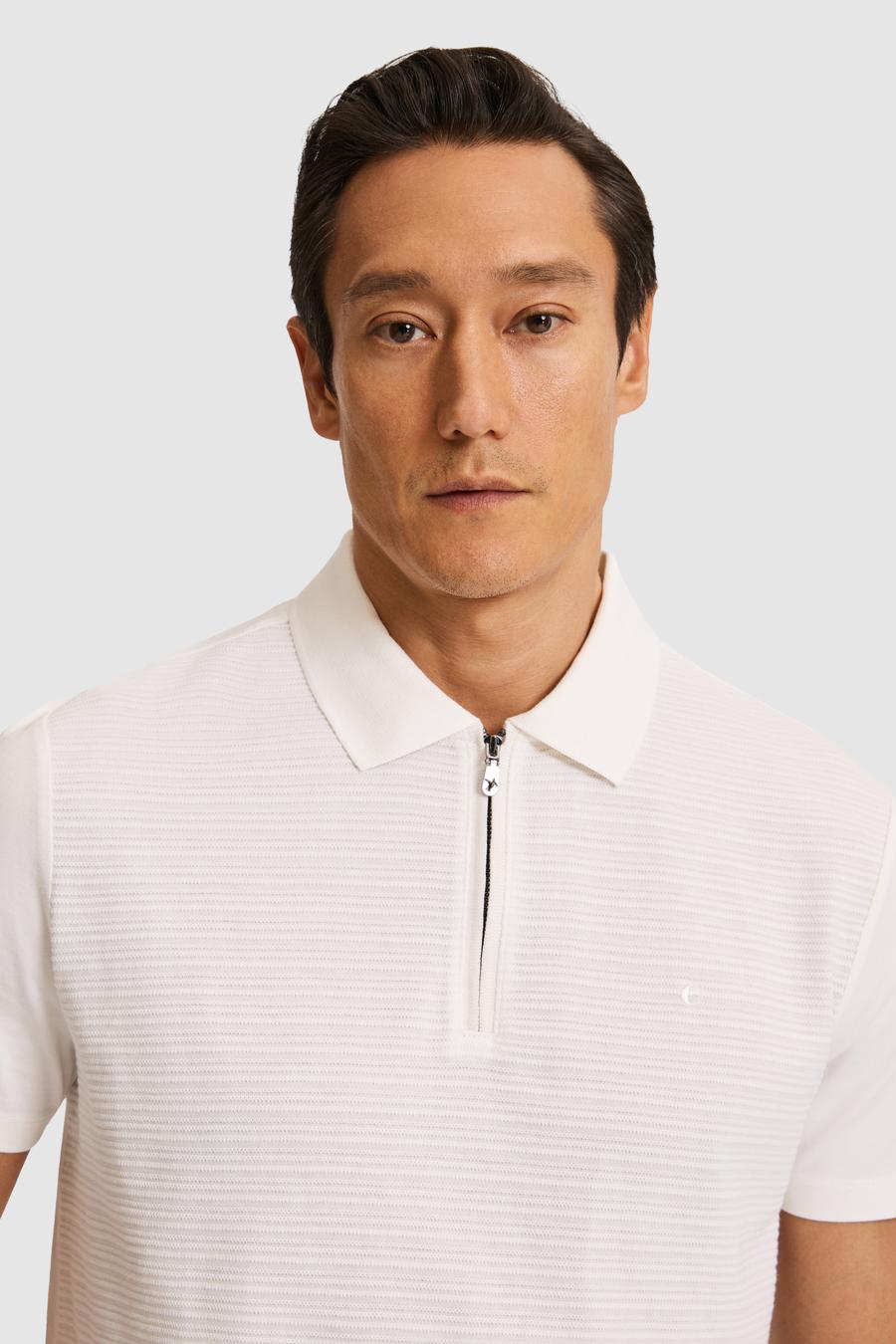 Ekru Slim Fit Saf Pamuk Fermuarlı Polo Yaka T-shirt - 50328377007