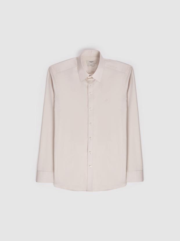 Bej Slim Fit Pamuklu Klasik Gömlek