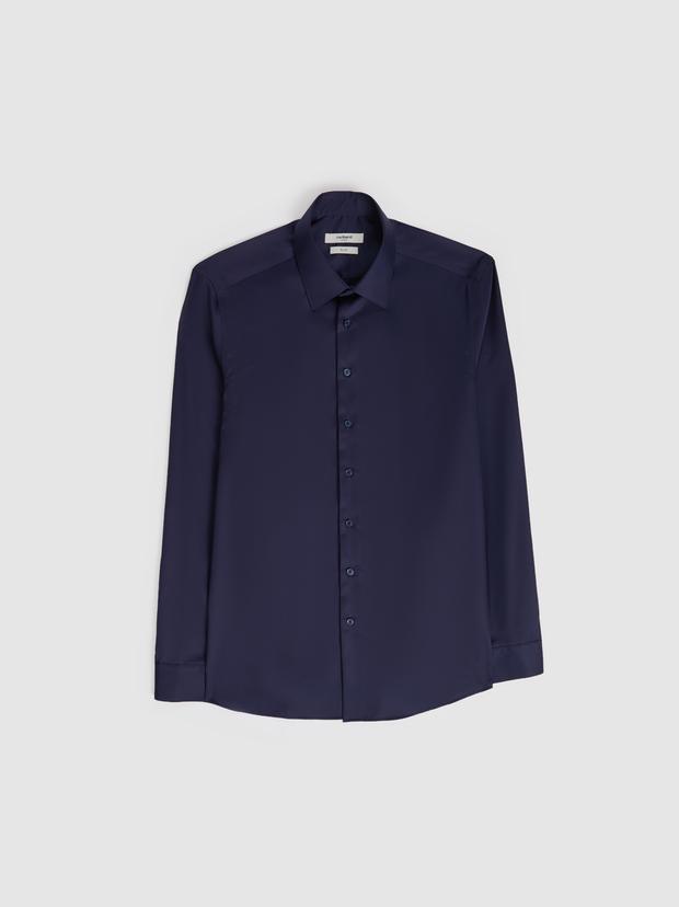 Lacivert Slim Fit %100 Pamuk Non Iron Kolay Ütülenebilir Klasik Gömlek