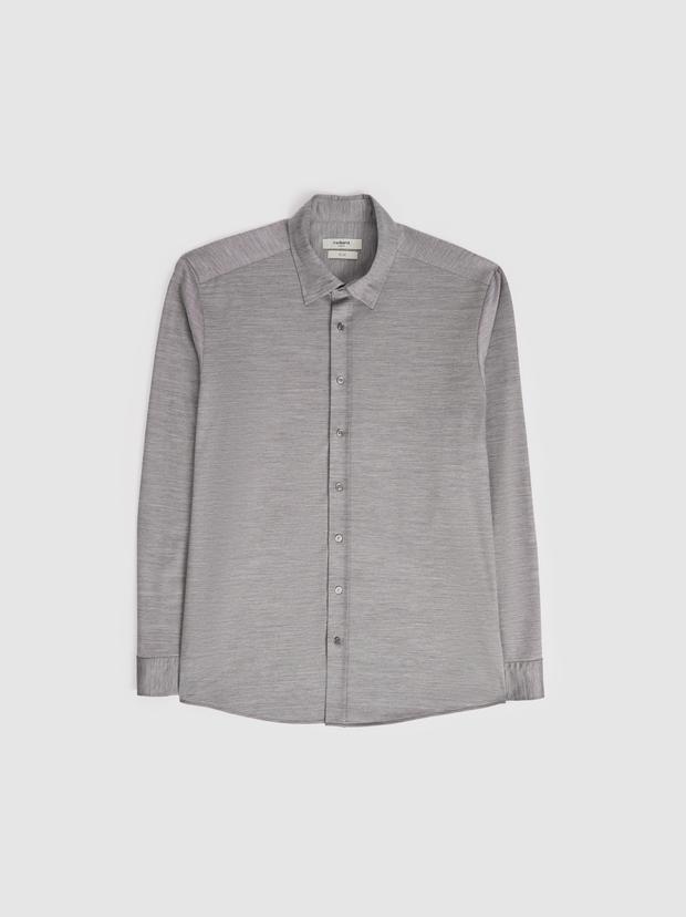 Gri Slim Fit Yün Karışımlı Yakası Alttan Biritli Gömlek
