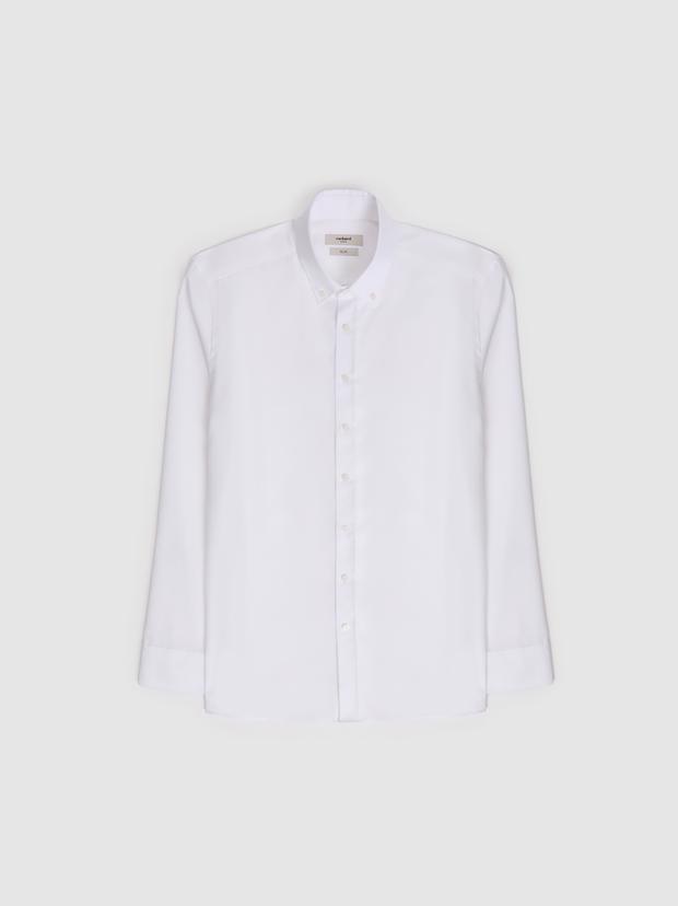 Beyaz Slim Fit %100 Pamuk Yakası Düğmeli Oxford Gömlek