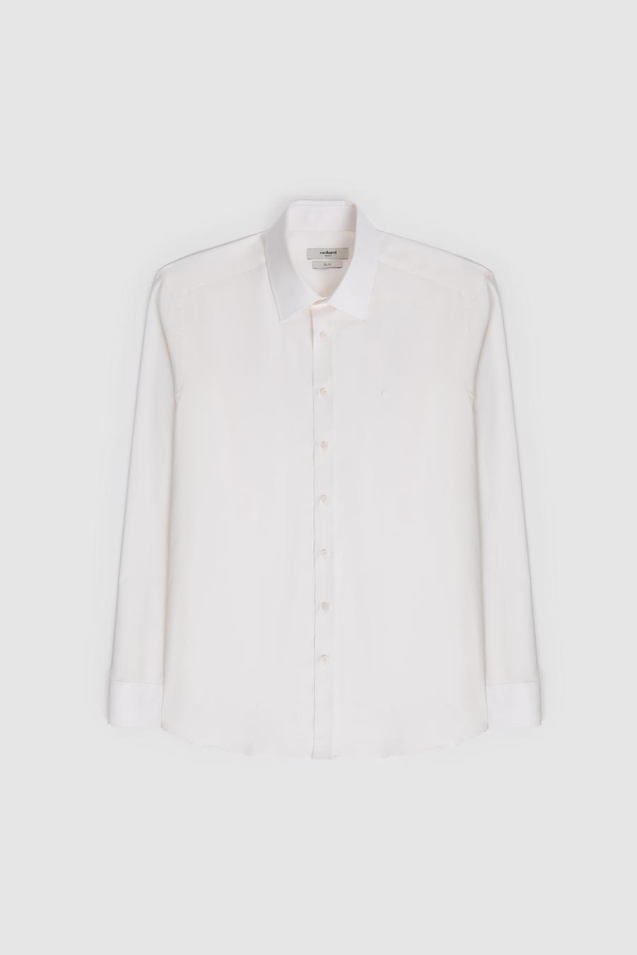 Ekru Slim Fit Liyosel Pamuk Karışımlı Klasik Yaka Armürlü Gömlek - 50319147023