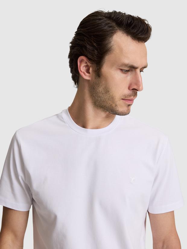 Beyaz Slim Fit Pamuk Karışımlı Bisiklet Yaka Basic T-shirt