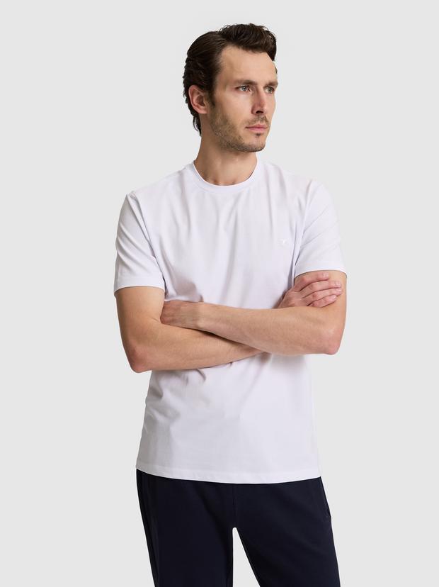 Beyaz Slim Fit Pamuk Karışımlı Bisiklet Yaka Basic T-shirt