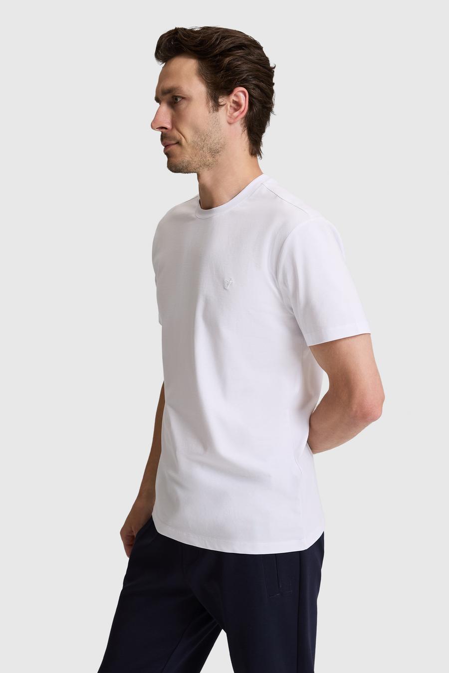 Beyaz Slim Fit Pamuk Karışımlı Bisiklet Yaka Basic T-shirt - 50328373018