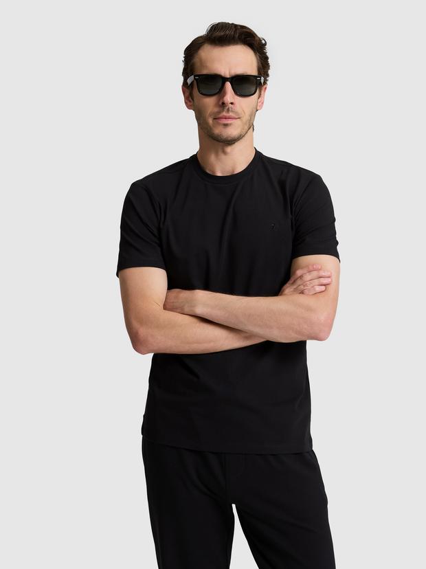 Siyah Slim Fit Pamuk Karışımlı Bisiklet Yaka Basic T-shirt