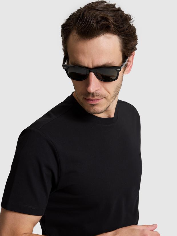 Siyah Slim Fit Pamuk Karışımlı Bisiklet Yaka Basic T-shirt